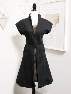 MELOW Black Structured Short Sleeve A Line Dress w/ Brown Houndstooth Montreal